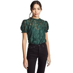 Dra Los Angeles Womens Sheer Emerald Green Lace Short Sleeve Pia Top Blouse Fabric: Lace Msrp $138 Puff Sleeves Unlined Floral Print Waist-Length Style Scoop Neck Short Sleeves Button At Neckline Semi-Sheer Shell: 70% Cotton/30% Nylon Lining: 97% Polyester/3% Spandex Hand Wash Style #Draaa30203 Approx Measurements Length: 22" Pit To Pit: 19" Emerald Green Lace, Black Knit Top, Mock Neck Blouse, Bohemian Blouses, Lace Short, Green Lace, China Fashion, Blouse Fabric, Top Women