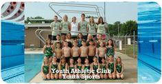 the young athletes are posing for a team photo in front of an empty swimming pool