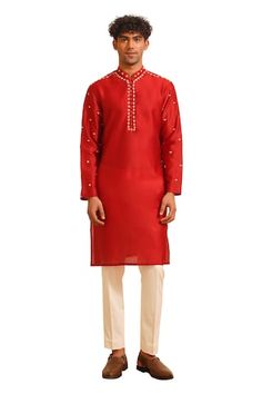 Red kurta with placed zardozi embroidered floral buttis. Comes with pant. - Aza Fashions Transitional Red Kurta With Dori Work, Bollywood Style Ceremonial Kurta With Gota Work, Ceremonial Kurta With Gota Work For Diwali, Red Dori Work Kurta For Eid, Red Eid Kurta With Dori Work, Red Straight Kurta For Traditional Ceremonies, Red Kurta For Traditional Ceremonies, Red Kurta For Traditional Ceremonies And Transitional Season, Red Kurta For Transitional Traditional Ceremonies