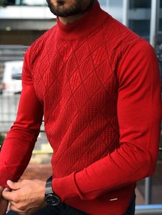 Slim-Fit Patterned Turtleneck Knitwear (3 Colors)-baagr.myshopify.com-sweatshirts-BOJONI Patterned Turtleneck, Best Casual Shirts, Men In Red, Mock Turtleneck Sweater, Slim Fit Sweater, Code Red, Red Turtleneck, Outfits Hombre, Mens Style Guide