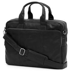 a black leather briefcase on a white background