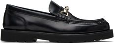 Polished leather loafers in black. · Moc toe · Strap with graphic hardware at vamp · Suede and grained leather lining · Treaded foam rubber sole Supplier color: Black Business Loafers With Metal Feet And Leather, Business Loafers With Metal Feet In Leather, Business Leather Loafers With Metal Feet, Black Calf Leather Loafers With Metal Feet, Black Slip-on Platform Loafers With Leather Footbed, Leather Slip-on Loafers With Leather Trim, Luxury Black Loafers With Metal Feet, Black Leather Footbed Slip-on Tassel Loafers, Luxury Black Loafers With Metal Details