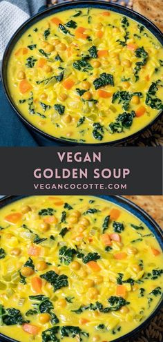 two bowls of vegan golden soup with spinach and carrots