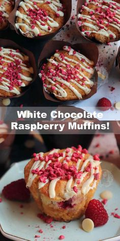 raspberry muffins with white chocolate drizzled in the middle