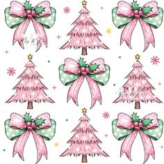 christmas trees with bows and snowflakes are shown in this drawing style file, as well as stars