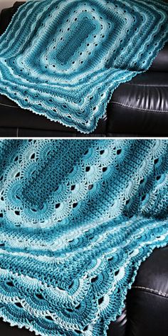 two pictures show the same blanket as they appear to have been crocheted together