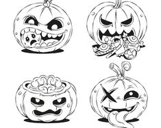 four pumpkins with faces drawn in black and white