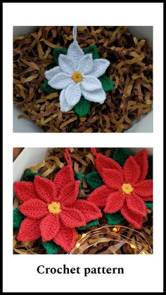 crocheted poinsettis are shown in two different pictures, one is white and the other is red