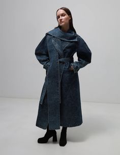 The iconic model of our brand is made in denim | NOT JUST A LABEL Statement Coat, Double Collar, Architectural Details, Evening Wear, Everyday Life, Geometric Shapes, Philosophy, Unique Style, Trench Coat