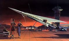 two people are standing in front of a futuristic city at night with an airplane on the tarmac