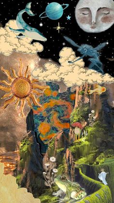 a collage of different images with the sun and moon above them, all in various colors