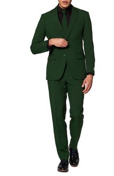 A wash of deep, bold green brings entrance-making distinction to a suit that keeps you crisp and smart in a jacket, pants and matching tie. Includes matching jacket, pants and tie 100% polyester Machine wash, line dry Imported Classic Green Suit And Tie Accessories For Semi-formal Occasions, Green Formal Sets With Notch Lapel, Semi-formal Green Suit With Pressed Crease, Semi-formal Green Suits With Lapel Collar, Men’s Forest Green Suit, Male Wedding Guest Outfit, Tie Outfit, Wedding Guest Outfits, Gala Outfit