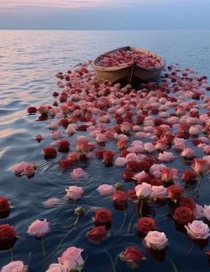 flowers floating on the water with a boat full of them in the middle of it