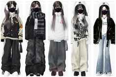 four different styles of clothes with black and white hoodies on them, all wearing face masks