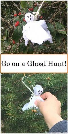 two pictures with different types of ghost decorations hanging from branches, one is made out of toilet paper and the other has an ornament in it's hand