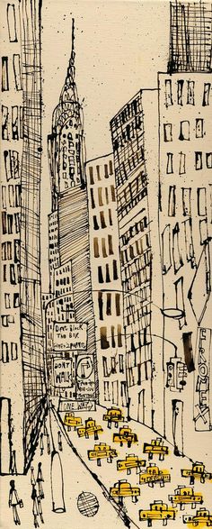 a drawing of a city street with yellow cabs