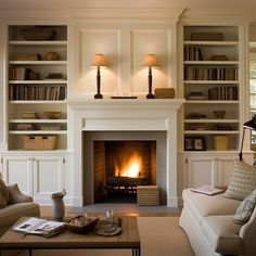 a living room filled with furniture and a fire place next to a book shelf full of books