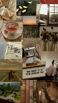 a collage of photos with words and pictures on them, including an image of a woman holding a camera