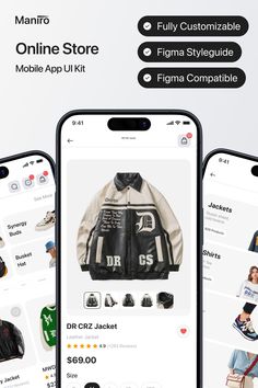 three smartphones displaying different items on the screen, including an image of a jacket