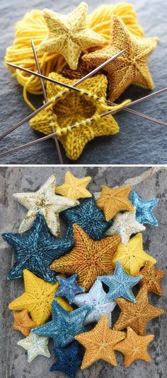 crocheted stars are arranged in different colors and sizes