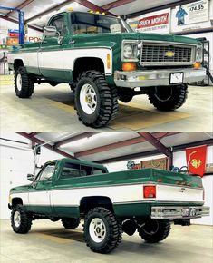 two pictures of the same green and white truck in different stages of being restored with new tires