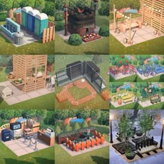 several different types of houses and gardens in the game animal crossing, which are all made up of wooden pallets