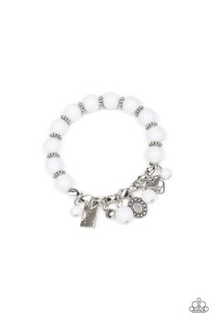 Stamped in floral details and the word, "Love", a romantic assortment of silver charms and a dainty white rhinestone swings from a white beaded bracelet around the wrist for a charmingly colorful look. Sold as one individual bracelet. P9WH-WTXX-200XX White Beaded Bracelet, Paparazzi Accessories Jewelry, Word Love, White Bracelets, Love Charms, Diamond Star, Paparazzi Accessories, White Rhinestone, Affordable Jewelry