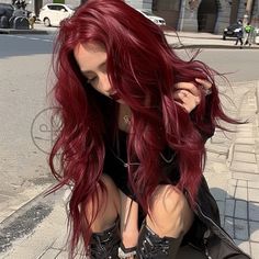 Red Cool Tone Hair, Washed Out Red Hair, Dark Red Hair With Pink Highlights, Red Hair With White Streak, Long Red Hair Aesthetic, Red Hair Black Tips, Berry Red Hair, Cool Toned Red Hair, Red Hair Girl Aesthetic