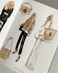 an open book with drawings of women's purses and handbags on it