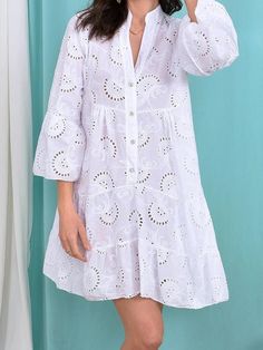 Embroidery Lace Hollow Out Long Sleeve Mini Dress – FashionSierra Clothes Hacks, Evening Mini Dresses, Tunic Shirt Dress, Flare Sleeve Dress, Lace Tunic, Shirt Embroidery, Embroidery Lace, Eyelet Dress, Lace Embroidery