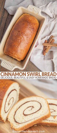 cinnamon swirl bread in a loaf pan with cinnamon sticks