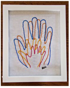 an embroidered handprint in a white frame on a wooden table with a brown background