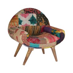 a colorful patchwork chair with wooden legs