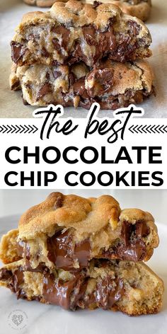 the best chocolate chip cookies are stacked on top of each other with text overlay