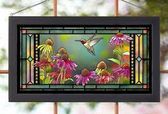 Faire-wild wings RUBY HUMMINGBIRD FRAMED 13X23 STAINED COLORED GLASS  -Artist:  BOURDET Ruby Hummingbird, Stained Glass Wall Art, Cat Stain, Panel Artwork, Americana Art, Stained Glass Window Hanging, Glass Printing, Stained Glass Window, Natural Sunlight