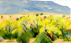 an abstract painting of trees and mountains in the background