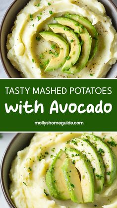 mashed potatoes with avocado in a bowl and topped with fresh parsley