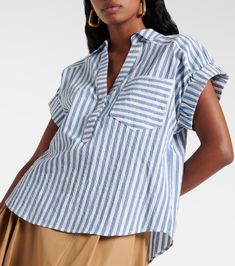 Almera striped cotton shirt in blue - Veronica Beard | Mytheresa Blue Cotton Shirt With Contrast Stripes, Blue Shirt With Contrast Stripes For Summer, Pinstripe Cotton Shirt With Button Closure, Blue Cotton Shirt With Horizontal Stripes, Classic Pinstripe Cotton Blouse, Pinstripe Cotton Shirt With Striped Collar, Striped Cotton Short Sleeve Blouse, Striped Cotton Shirt With Placket, Striped Short Sleeve Cotton Blouse