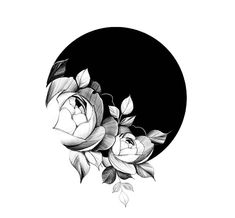 a black and white drawing of flowers in front of a round object with leaves on it