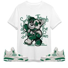 Smile Through The Pain BER Unisex Shirt Match Jordan 4 SB Pine Green Made to match your sneakers! * SHOES NOT INCLUDED * Regular fit Runs true to size 100% cotton Tracking information included! The screen on your device (computers, phone, and tablet, etc.) may display different colors and saturations from the actual garment. Also, the item colors may not be as saturated in person as they are displayed on your screen right now. We do our best to match our shirts as much as possible. ** Care Instr Casual Green Breathable T-shirt, Breathable Casual T-shirt For Streetwear, Sporty Cotton Sneakers With Logo Print, Breathable Cotton T-shirt For Streetwear, Green Cotton Sneakers For Streetwear, Breathable Cotton Sneakers For Streetwear, Green Cotton Streetwear Sneakers, Sporty Cotton Sneakers With Graphic Print, White Cotton Sneakers With Graphic Print