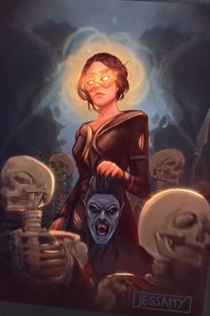 a painting of a woman standing in front of skeletons