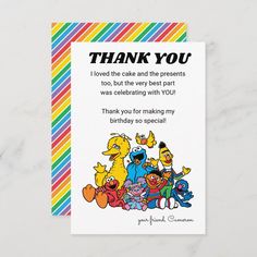 a birthday card with an image of sesame and friends on it, says thank you