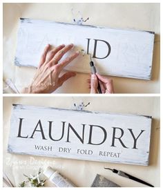 two pictures showing how to make a diy laundry sign