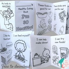 four fold up cards with pictures of food and words about healthy eating are shown in black and white