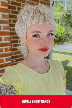 Ice White Pixie Mullet with Short Choppy Fringe for girls in their 20s Cute Short Bangs, Shaggy Pixie, Shaggy Hair, Short Bangs, Bob Haircut For Fine Hair