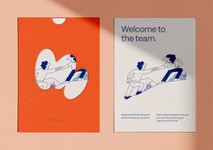 two brochures with an image of a man sitting on a chair and the words welcome to the team