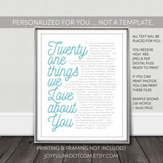 a framed poster with the words twenty things we love about you in blue and white