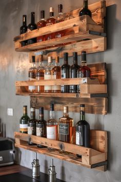 several wooden shelves filled with liquor bottles