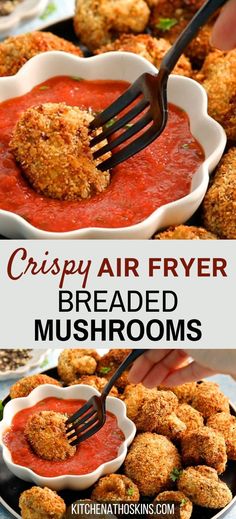 crispy air fryer breaded mushrooms with tomato sauce