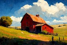 a painting of a red barn on a hill